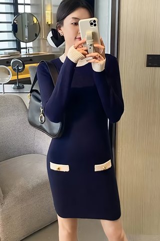 BACKORDER - Vianne Sleeve Knit Dress In Navy Blue