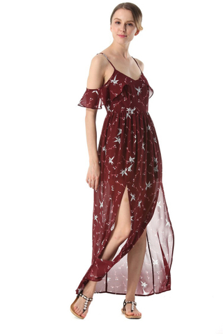 BACKORDER - Kayra Cold Shoulder Slit Dress In Currant Red