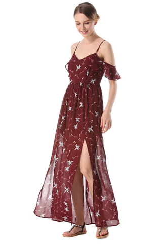BACKORDER - Kayra Cold Shoulder Slit Dress In Currant Red
