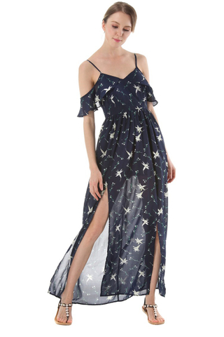 BACKORDER - Kayra Cold Shoulder Slit Dress In Blue