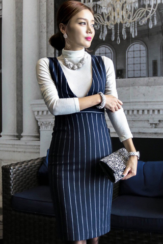 BACKORDER - Marilyn Pinstripe Pinafore With Blazer Set In Navy Blue