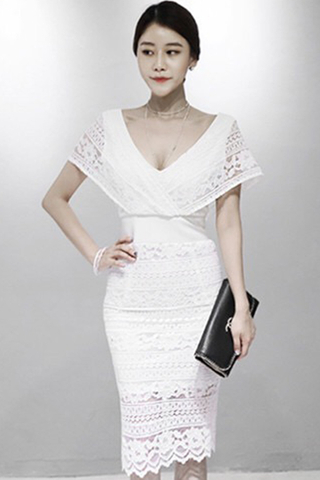BACKORDER - Janerra V-Neck Crochet Midi Dress In White & Black