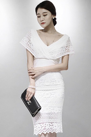BACKORDER - Janerra V-Neck Crochet Midi Dress In White & Black