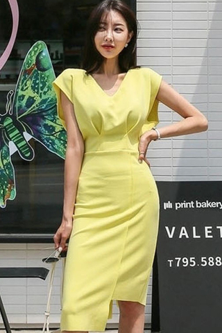 BACKORDER - Everine V-Neck Asymmetrical Dress In Yellow