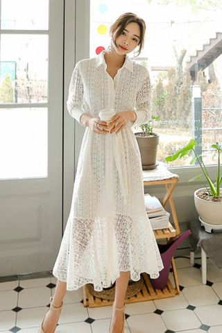 BACKORDER - Yanitha Collar Crochet Sleeve Dress In White