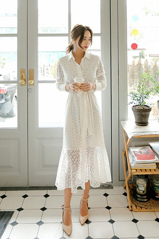 BACKORDER - Yanitha Collar Crochet Sleeve Dress In White