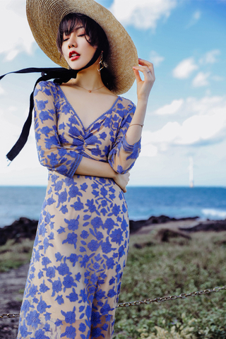 BACKORDER - Jansay Floral Embroidery Overlay Dress In Light Blue & Wine Red