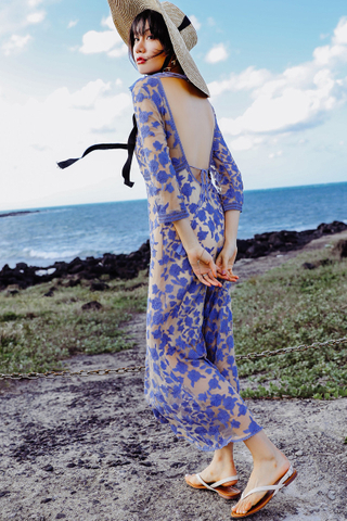 BACKORDER - Jansay Floral Embroidery Overlay Dress In Light Blue & Wine Red