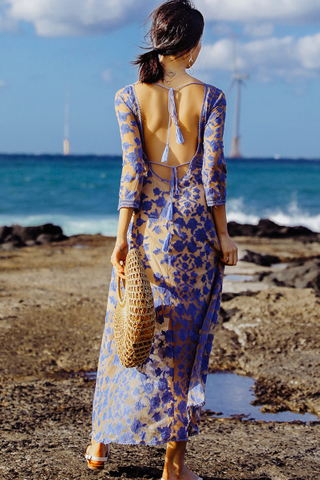 BACKORDER - Jansay Floral Embroidery Overlay Dress In Light Blue & Wine Red