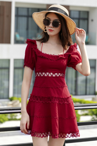 INSTOCK - Kyria Off Shoulder Crochet Dress In Wine Red 
