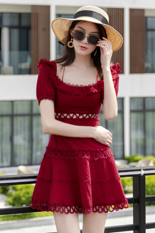 INSTOCK - Kyria Off Shoulder Crochet Dress In Wine Red 