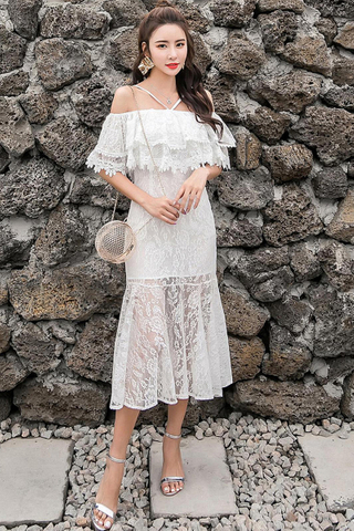 White lace top cold shoulder dress