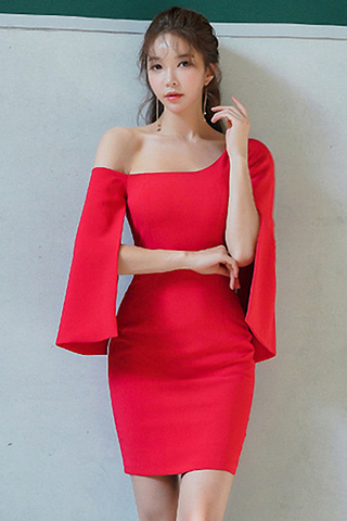 BACKORDER - Pariae One Shoulder Cutout Sleeve Dress In Red
