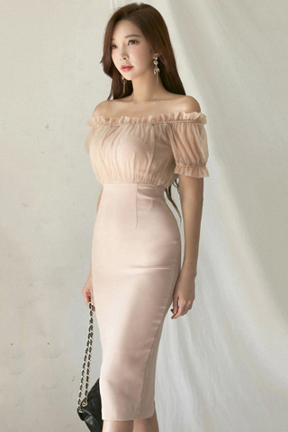 BACKORDER - Kosey Off Shoulder Shirring Mesh Dress In Pale Pink