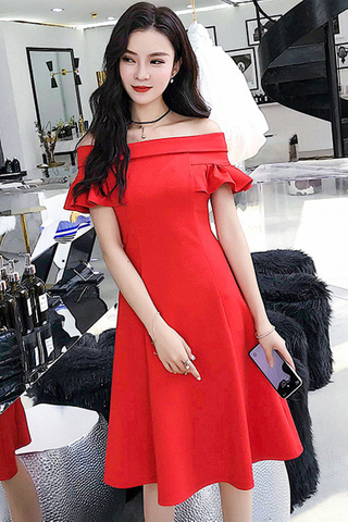 BACKORDER - Janisha Off Shoulder A-Line Dress In Red