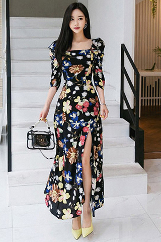 BACKORDER - Kanae Floral Print Cutout Slit Dress
