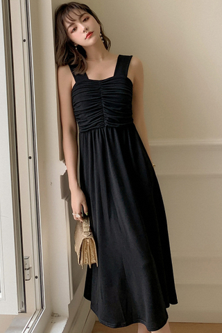 BACKORDER - Valera Ruched Layered Cutout Dress In Black