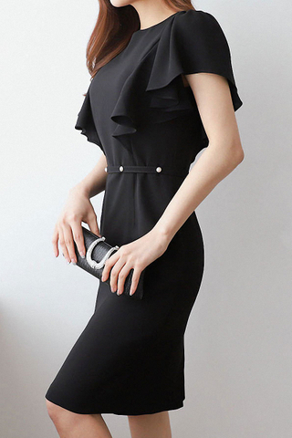 INSTOCK - Sabrina Flutter Sleeve Dress In Black 