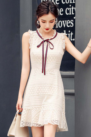 BACKORDER - Natahsa Sleeveless Crochet Ruffle Dress In Cream