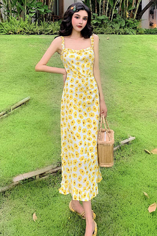 BACKORDER - Avella V-Neck Sunflower Printed Dress (Long)
