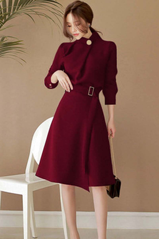 BACKORDER - Raena Collar Button Sleeve Dress In Wine Red