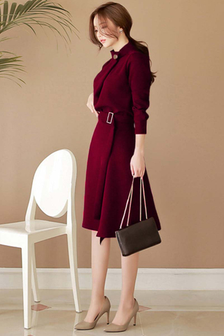 INSTOCK - Raena Collar Button Sleeve Dress In Wine Red