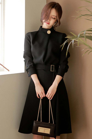 BACKORDER - Raena Collar Button Sleeve Dress In Black
