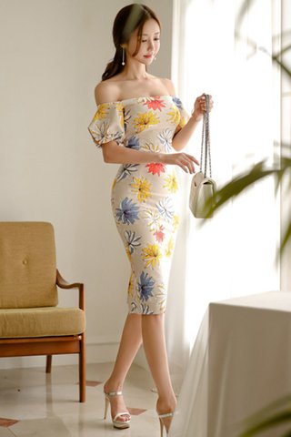 BACKORDER - Alarey Floral Print Puff Sleeve Dress In Beige