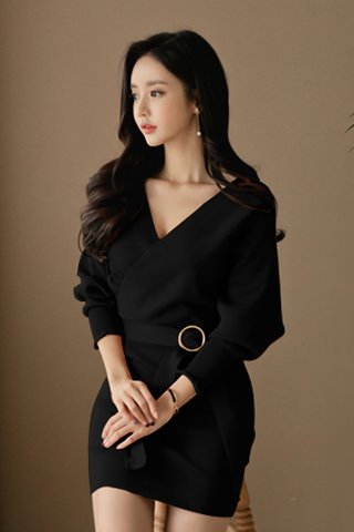 BACKORDER - Kristine Knit Sleeve Mini Dress in Black