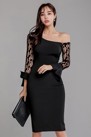 BACKORDER - Jayla One Shoulder Lace Sleeve Dress in Black