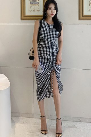 BACKORDER - Rosie Checkered Ruched Slit Dress