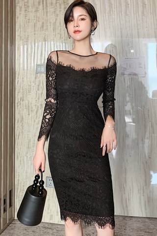 BACKORDER - Feldy Mesh Shoulder Lace Dress in Black