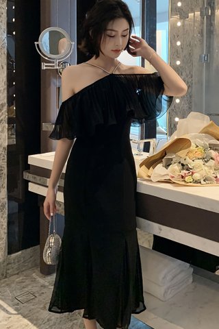 BACKORDER - Rosamery Cold Shoulder Pleated Dress in Black