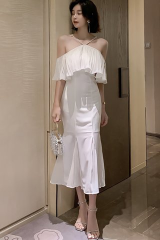BACKORDER - Rosamery Cold Shoulder Pleated Dress in White