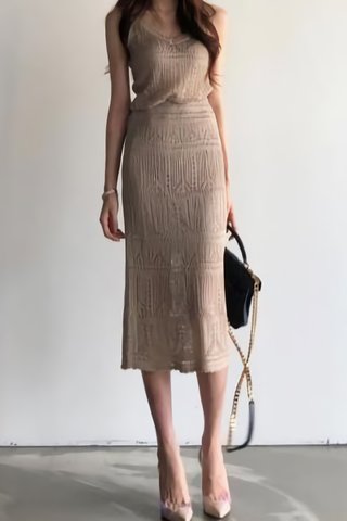 BACKORDER - Sadie Eyelet V-Neck Top With Skirt Set in Khaki