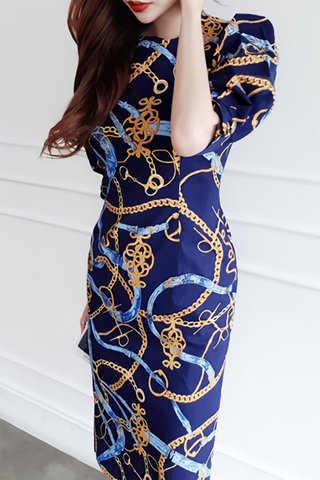 BACKORDER - Aminey Abstract Print Sleeve Dress In Blue