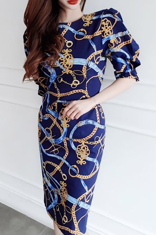 BACKORDER - Aminey Abstract Print Sleeve Dress In Blue