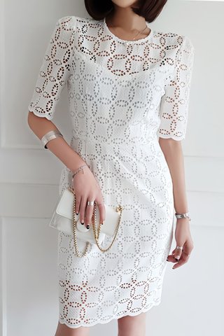 BACKORDER - Sabella Sleeve Eyelet Scallop Hem Dress in White