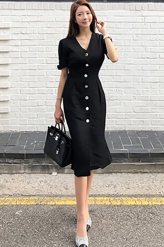 BACKORDER - Maelyn V-Neck Cute Button Dress In Black