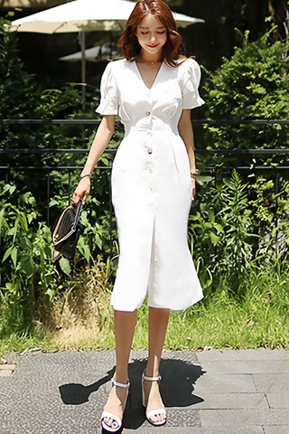 BACKORDER - Maelyn V-Neck Cute Button Dress In White