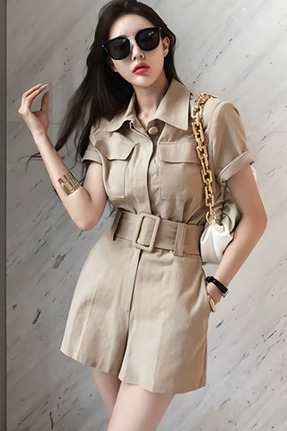 BACKORDER - Isvabell Collar Crop Top With Short Set In Khaki