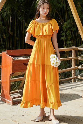 BACKORDER - Josinca Off Shoulder Ruffle Hem Dress In Yellow
