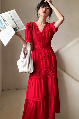 BACKORDER - Karmen V-Neck Crochet Dress In Red