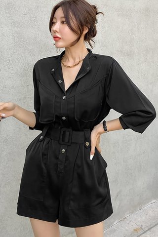 BACKORDER - Leana Sleeve Front Button Romper In Black