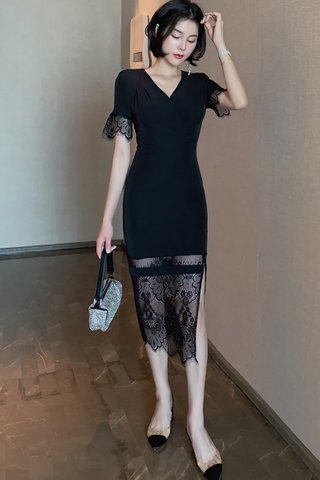 BACKORDER - Santoria V-Neck Lace Hem Dress In Black