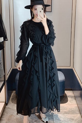 BACKORDER - Delisa Cascade Ruffle Maxi Dress In Black