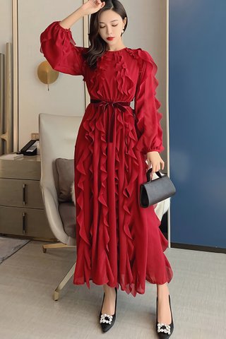 BACKORDER - Delisa Cascade Ruffle Maxi Dress In Red