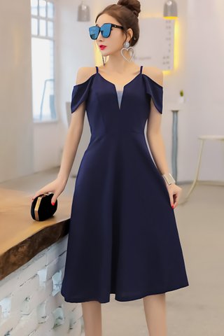BACKORDER - Felstina Cold Shoulder A-Line Dress In Blue