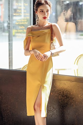 BACKORDER - Elza Cold Shoulder Side Slit Dress In Yellow