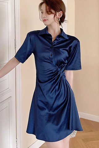 BACKORDER - Alara Short Sleeve Collar Gathered Dress In Blue